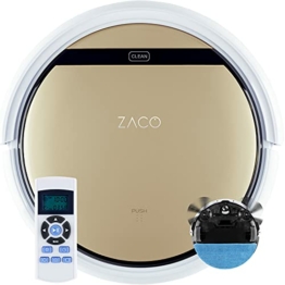 ZACO V5sPro Saugroboter mit Wischfunktion, automatischer Staubsauger Roboter, 2in1 nass Wischen bis zu 180qm oder Staubsaugen, für Hartböden, Fallschutz, beutellos, mit Ladestation, 22W, 300ml, Gold - 1